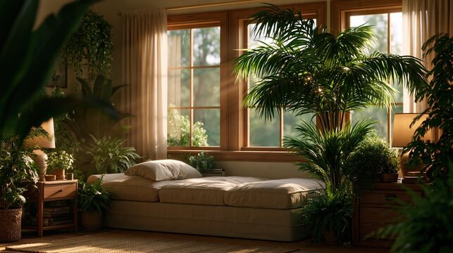 Cozy sunlit room filled with lush green houseplants and a comfortable daybed by the window