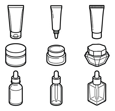 Minimalist cosmetic packaging icons, set of 9 skincare bottle and tube vectors, black and white beauty product line art for branding and web design