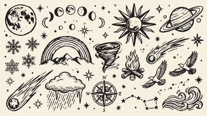 Celestial and natural illustration with moon phases sun saturn stars rainbow tornado campfire birds compass and swirling wind on beige background © Abdul Waheed Studio