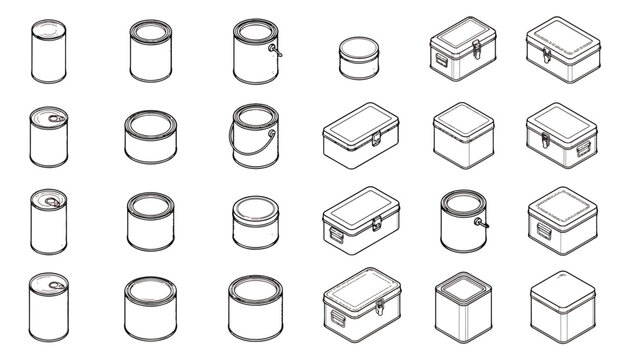 Isometric metal container icons, set of 23 industrial tin cans and storage boxes, black and white outline vector illustrations for packaging design