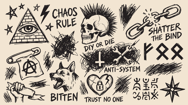 Punk anarchist illustration with rebellious symbols including pyramid eye skull mohawk snarling dog broken chain and bold slogans on beige background