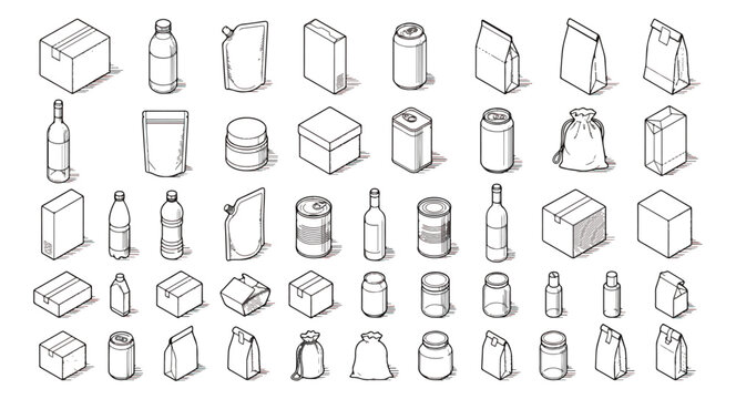 Isometric packaging icons set, 48 line art product containers, blank retail food and beverage mockups, minimalist delivery box and bottle vector illustrations