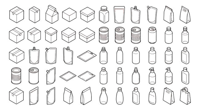 Isometric packaging icons set, 50 line art vector mockups of boxes, bottles, cans and pouches, minimal product container wireframe collection