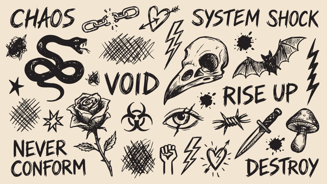 Punk rebellious illustration with snake rose skull bat dagger lightning broken chain barbed heart eye biohazard and bold slogans on beige background