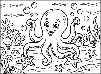 Cute octopus coloring page for kids ocean animal black and white illustration