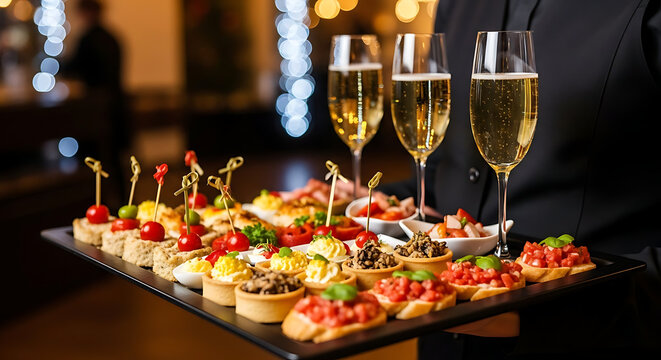 Waiter Serving Gourmet Appetizers and Champagne at an Event
