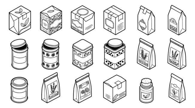 Isometric tea packaging icons set, 18 black and white line art vector elements, cardboard boxes and paper bags for organic product branding