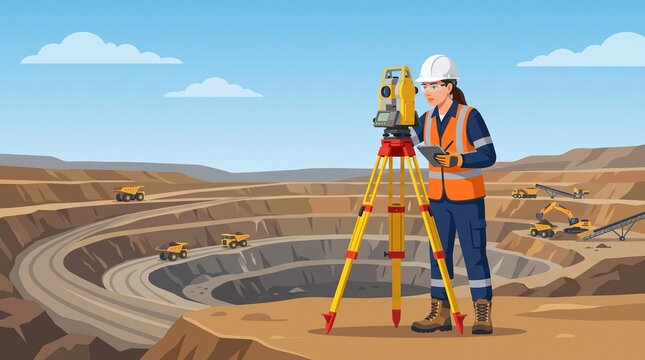 Female Mining Surveyor Using Total Station for Land Surveying in Open Pit Mine