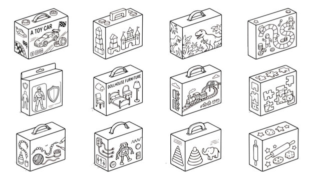 Isometric toy box collection, 12 line art packaging icons for children games, black and white cardboard box vector set for retail and play