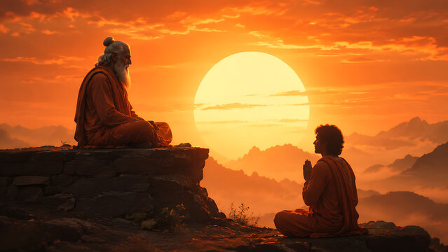 Meditative guru and disciple praying at sunrise during guru purnima hindu religious festival surrounded by majestic mountains spirituality silence devotion reflection and enlightenment