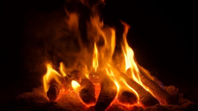 Static shot of bright orange flames burning over glowing logs in a dark fireplace
