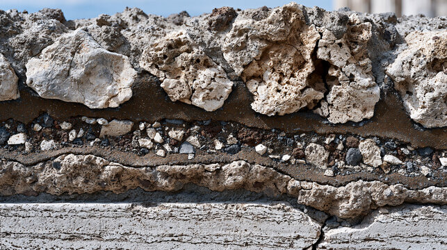 Ancient Roman opus incertum wall facing shows irregular limestone and tufa rubble set in pozzolanic mortar, the hydraulic cement matrix still binding after two millennia, aggregate inclusions of vol