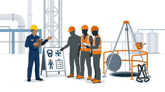 A group of workers gather to review safety protocols for entering a confined space while discussing potential hazards associated with manholes.