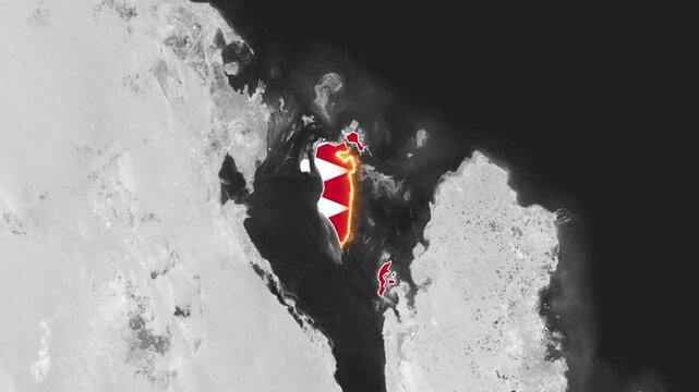 Animated satellite footage shows the Bahrain islands highlighted with glowing flag motion