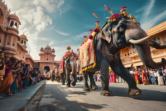Authentic travel stock photography of traditional rajasthani cultural celebration with painted mammals