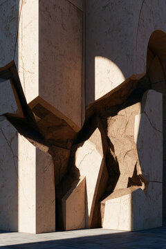 Close-up architectural detail of a building corner dissolving into abstract shapes with high contrast shadows