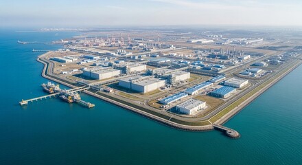 Obraz premium Expansive industrial port complex with large warehouses and manufacturing facilities situated along the waterfront.