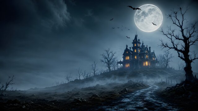 Spooky halloween night background with haunted house full moon and bats