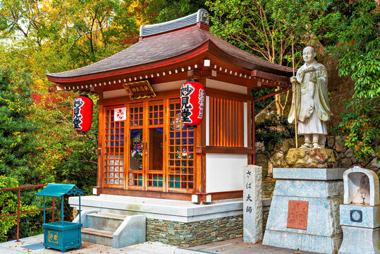 Visit to Nanzoin Temple shows a small building and a statue in a quiet garden area in Fukuoka, Kyushu, Japan
