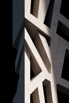 Close-up architectural detail of a deconstructivist building corner with walls dissolving into abstract shapes, high contrast shadows, photorealistic, 8k, hyperdetailed