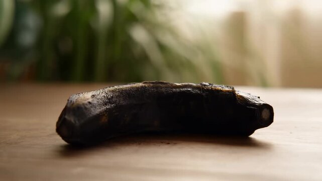 Time lapse of a ripe banana rotting and turning brown with dark spots on a wooden surface