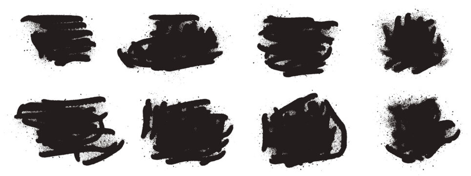 Graffiti texture grunge shapes with rough splatter and noise grain. Black spray paint texture frames with gritty dot for urban poster. Distressed vector graffiti splotch in bold stencil effect set