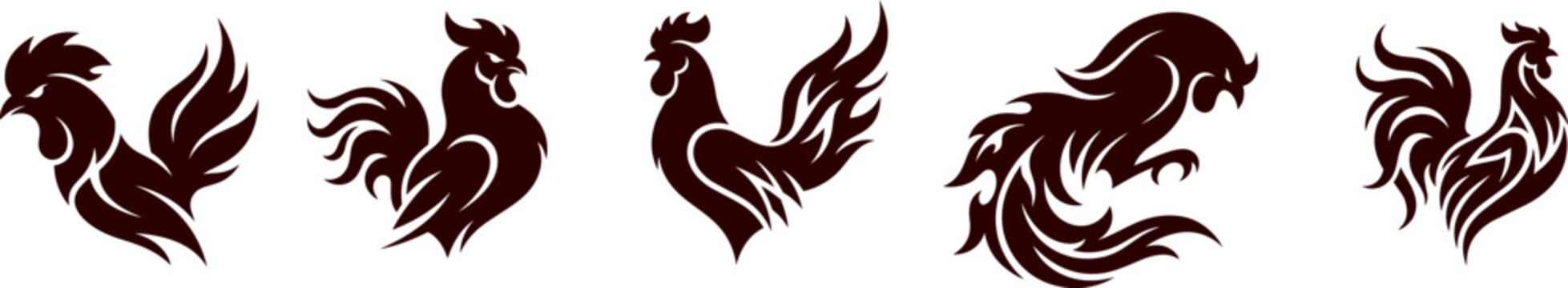 Set of Stylized Rooster Silhouettes Featuring Intricate Tribal and Artistic Bird Designs for Creative Branding and Graphic Projects