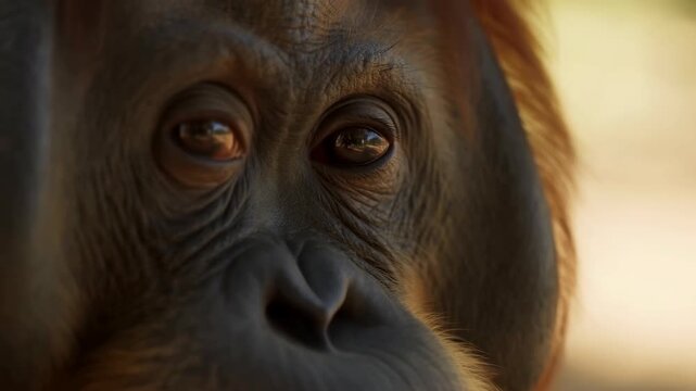 Static shot of close-up orangutan eyes and wrinkled face with warm golden light
