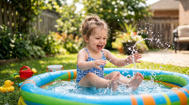 Happy toddler girl splashing in an inflatable kiddie pool on a very hot day