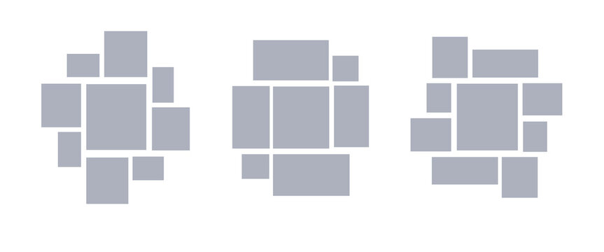 Image collage layout collection. Grey mosaic mood board grid set. 7-9 picture composition arrangement. Photo album template for banner, poster, mockup, flyer, brochure, booklet, memory wall. Vector
