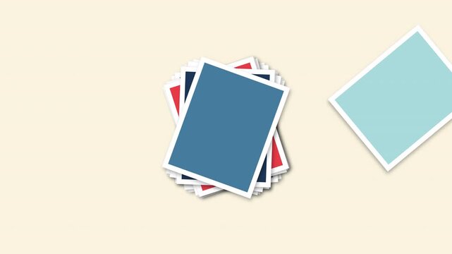 Minimalist animation of colorful blank picture frames rotating in a stack over a cream background.