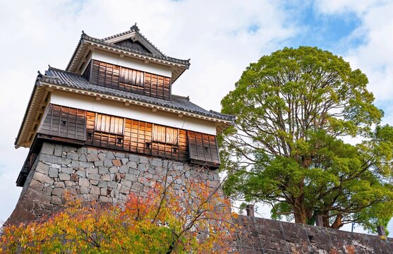 Turret of Kumamoto Castle surrounded by autumn colors in Kumamoto City, Kyushu, Japan