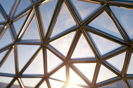 Close-up of a geodesic planetarium roof featuring metallic struts and glass triangles under golden hour sunlight with long shadows, macro lens effect, photorealistic, 8k, hyperdetailed