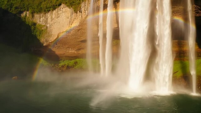 Tracking shot moving downward along a massive tropical waterfall with rainbow and mist