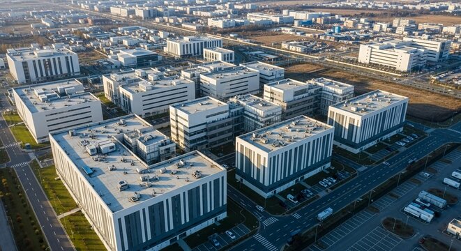 Extensive modern hyperscale data center campus viewed from above showcasing technological infrastructure and urban development