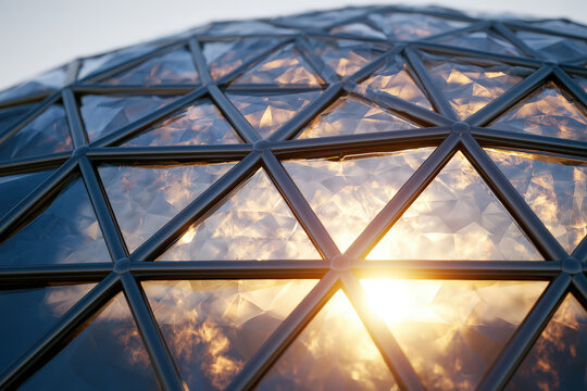 Close-up macro shot of a geodesic planetarium roof with metallic struts and glass triangles illuminated by golden hour sunlight, photorealistic, 8k, hyperdetailed