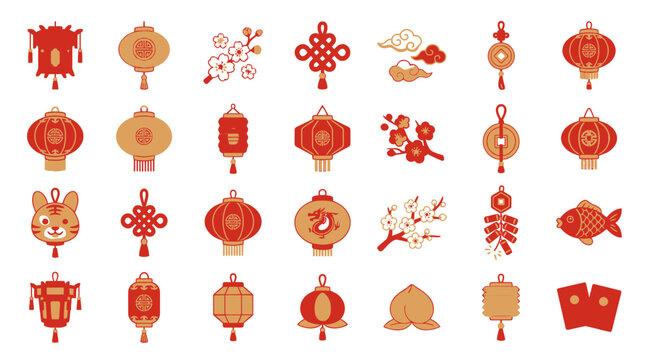 Chinese New Year Decorations: Lanterns, Tiger, Fish, Peach, Clouds, Knots, Blossoms