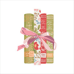 Fototapeta premium Bookshelf. Colorful book spines tied with a whimsical bow. Flat-style vector illustration with a book theme. Girly-style clipart celebrating knowledge and reading. Book club. Pastel tones.