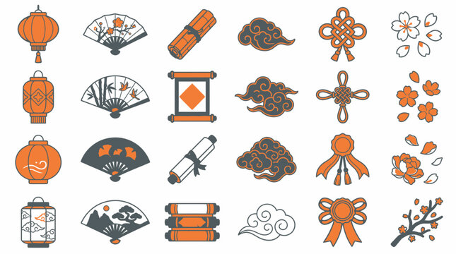 Asian Cultural Icons Set: Lanterns, Fans, Scrolls, Clouds, Knots, Blossoms