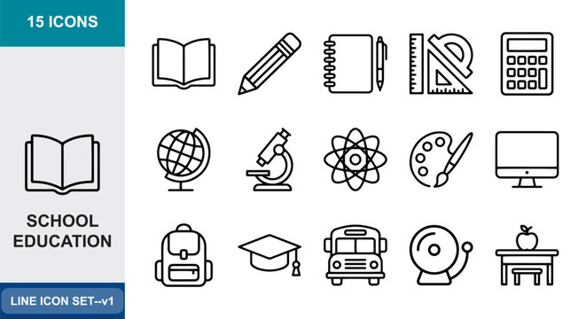 15 School Education linear icon set books, pencil, notebook, ruler, calculator, globe, microscope, atom, palette, computer, backpack, cap, bus, bell, desk, UI and web interface design