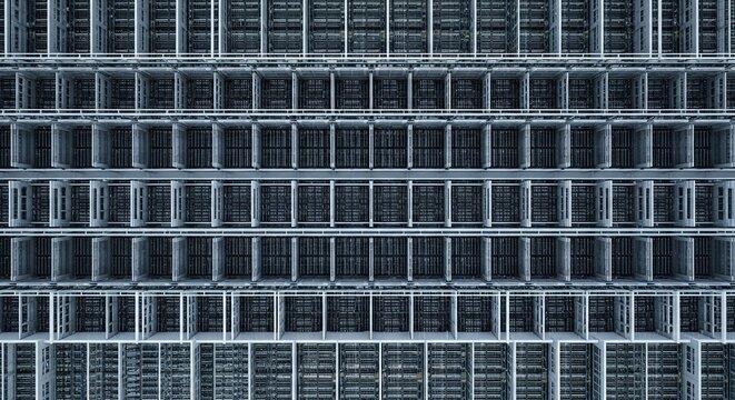 Intricate rows of server racks in a vast hyperscale data center, representing advanced technology and digital infrastructure.