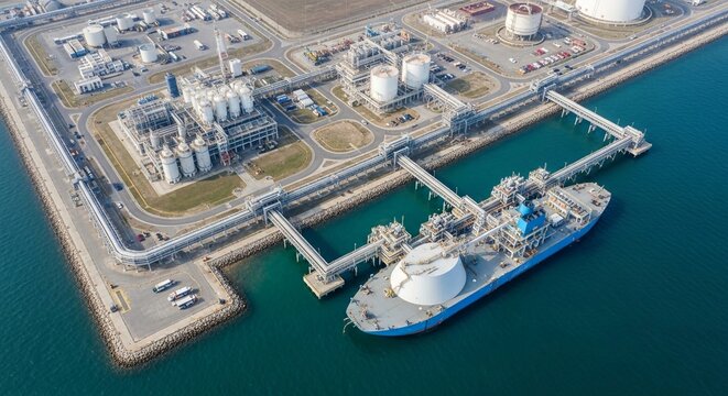 Large LNG tanker docked at an industrial port terminal for liquefied natural gas transfer