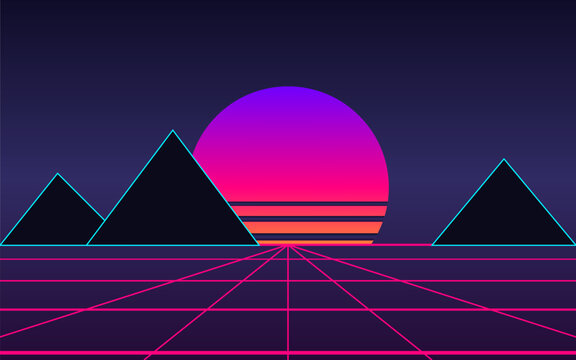 Synthwave neon landscape with glowing purple sun and triangular pyramid silhouettes, synthwave