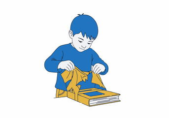 Naklejka premium Young boy unwrapping a new book as a gift