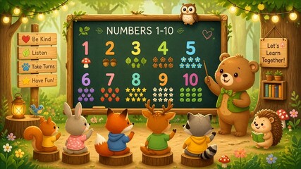 Fototapeta premium Forest classroom numbers background with cute animals