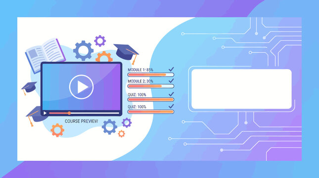 online course preview on laptop with education icons and progress bars for elearning