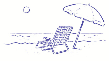Minimalist beach sketch with woven chair umbrella sun and ocean waves in relaxed blue line art style © Abdul Waheed Studio