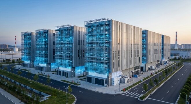 Modern hyperscale data center facility with illuminated server halls showcasing advanced technology and infrastructure in an urban setting.