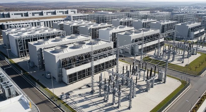 Modern hyperscale data center infrastructure with electrical substations and cooling systems