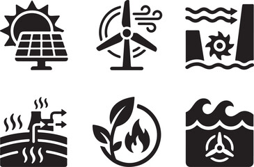 Fototapeta premium Eco friendly icons, sustainable energy symbols, environmental signs, green technology logos, black vector graphics